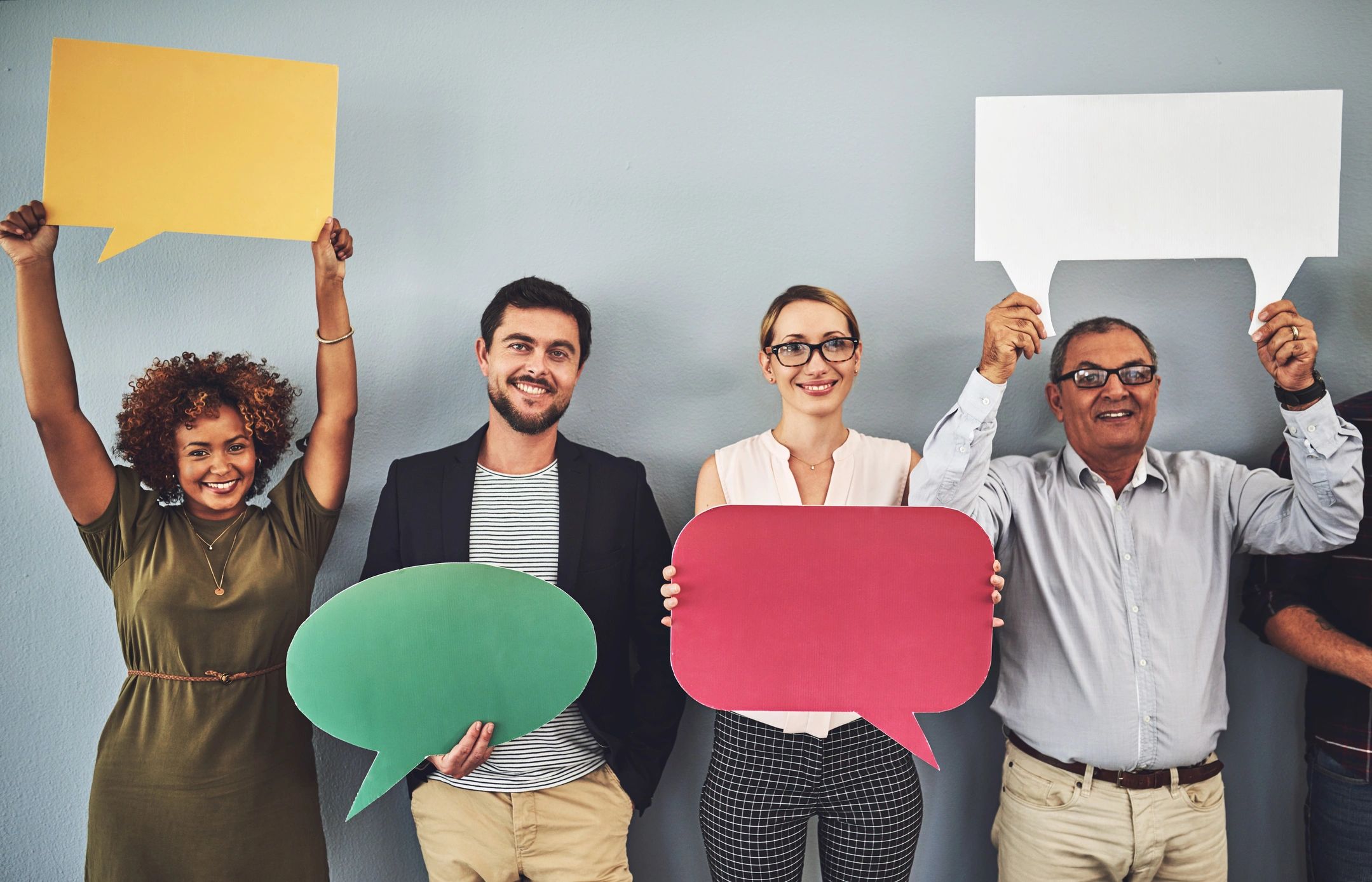 happy business people giving testimonial